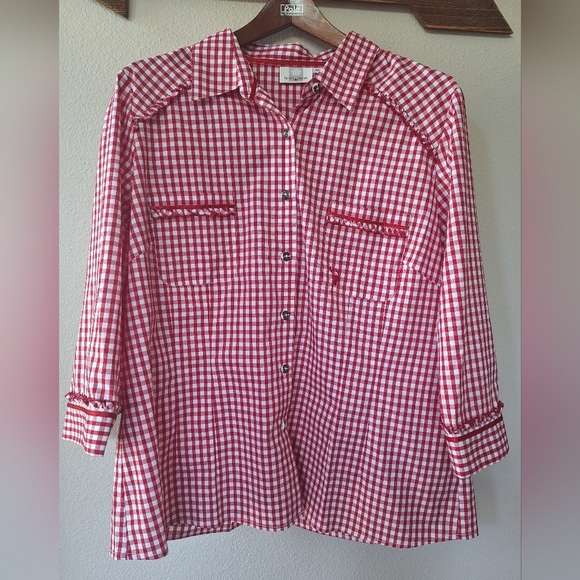 Spieth & Wensky Womens Check Ruffle Emboirdered Button Front Top Size 48/XL - Picture 2 of 9